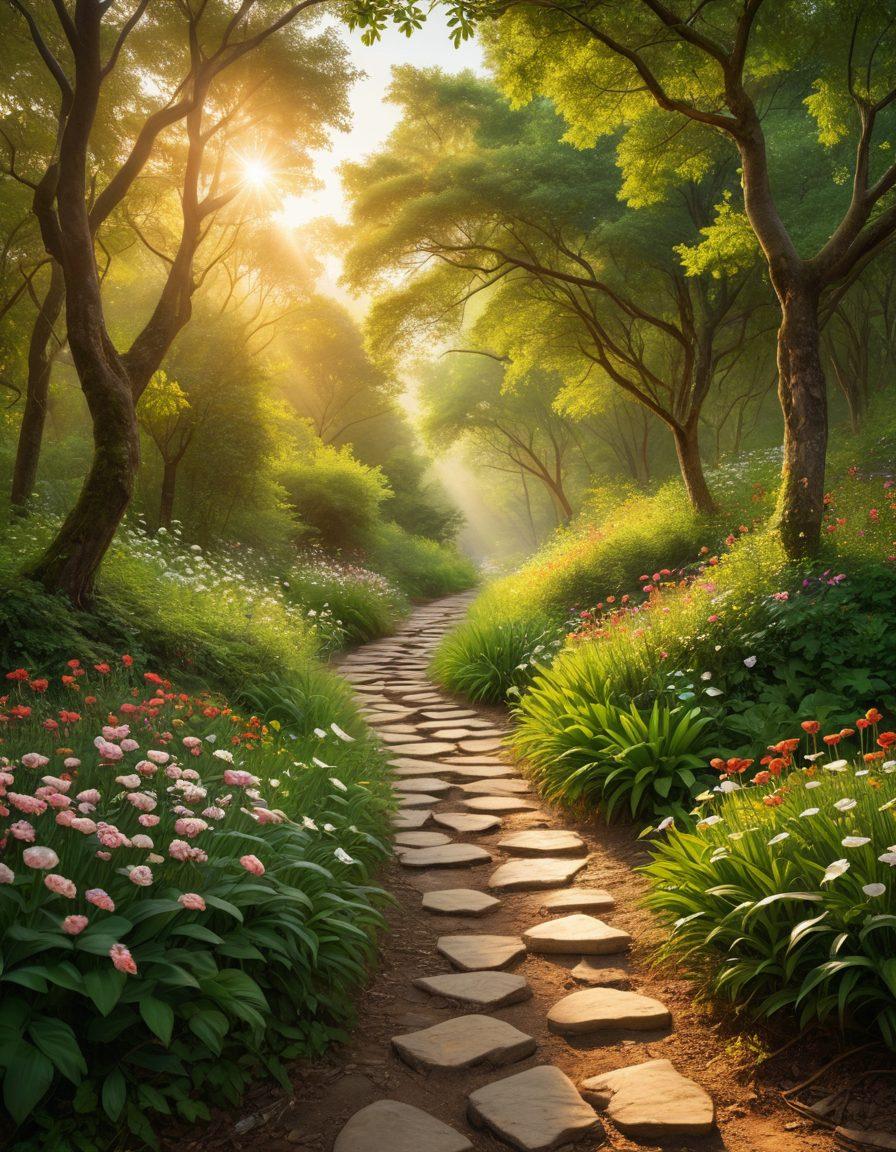 A serene landscape representing a journey, featuring a winding path through a lush forest leading to a glowing heart at the horizon. Alongside the path, diverse couples of varying ages and backgrounds, sharing joyful moments and deep conversations, embodying trust and connection. The atmosphere is warm and inviting, with soft sunlight streaming through the leaves, creating an ethereal glow. Elements of nature such as blooming flowers and gentle streams symbolize growth and emotional well-being. super-realistic. vibrant colors. soft focus.