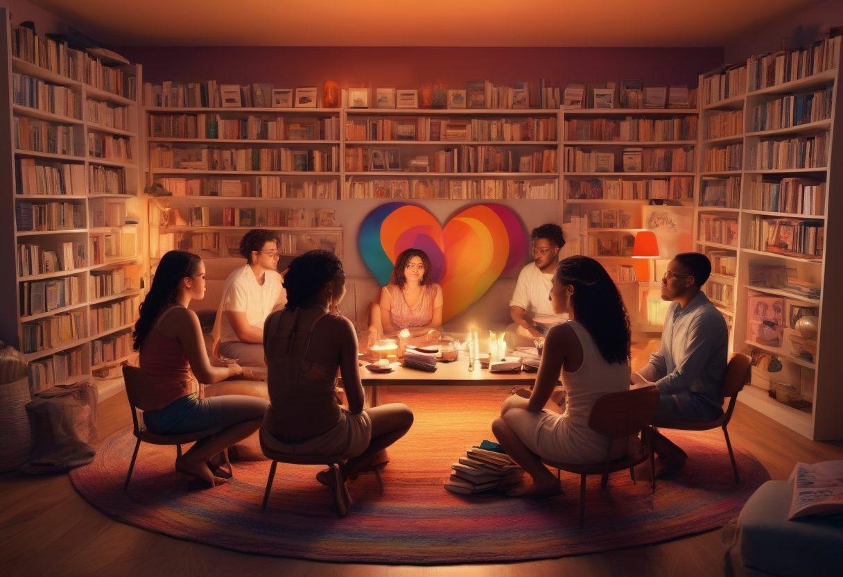 A vibrant, inviting scene of diverse individuals engaging in open conversations about sexuality, surrounded by books and resources on the topic. Soft, warm lighting creates a safe and welcoming atmosphere, symbolizing empowerment and exploration. Include colorful symbols representing different aspects of sexuality, like pride flags and heart shapes. The background is subtle yet acknowledges various identities and experiences. super-realistic. vibrant colors. warm lighting.