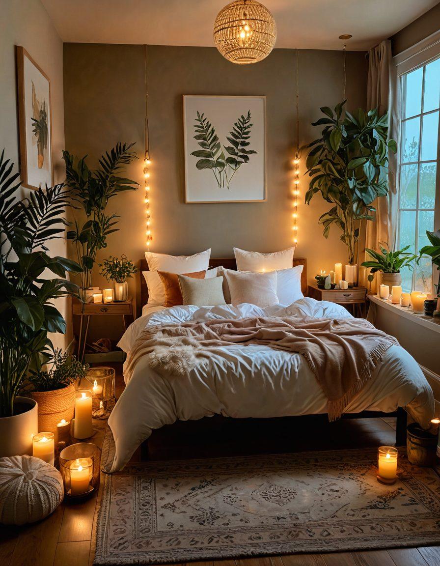An intimate space featuring a cozy bedroom adorned with soft lighting, plants, and sensual decor. Include diverse individuals engaging in a playful and loving manner, symbolizing intimacy and connection. Incorporate elements of wellness like candles, essential oils, and nature motifs, creating an atmosphere of exploration and comfort. The overall mood is inviting and warm, suggesting empowerment in personal journeys. vibrant colors. soft focus. serene atmosphere.